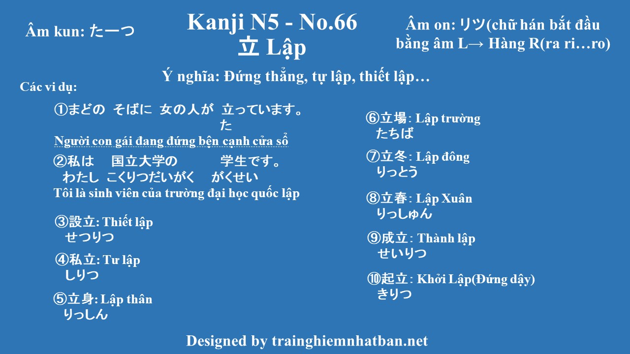 Kanji n5 chữ Lập 立 -No.66